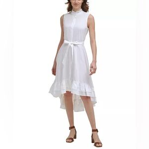 NEW CALVIN KLEIN Cotton Ruffled Mock-Neck High Low Midi Dress